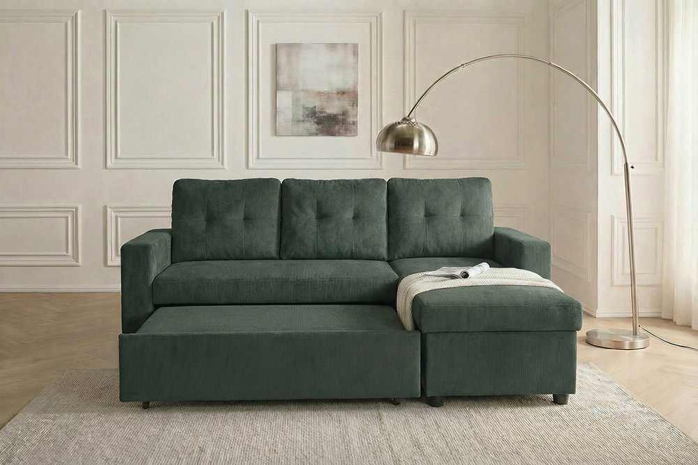 Ecksofa mit Schlaffunktion APARTMENT beidseitig aufbaubar grün Cord inkl. Stauraum