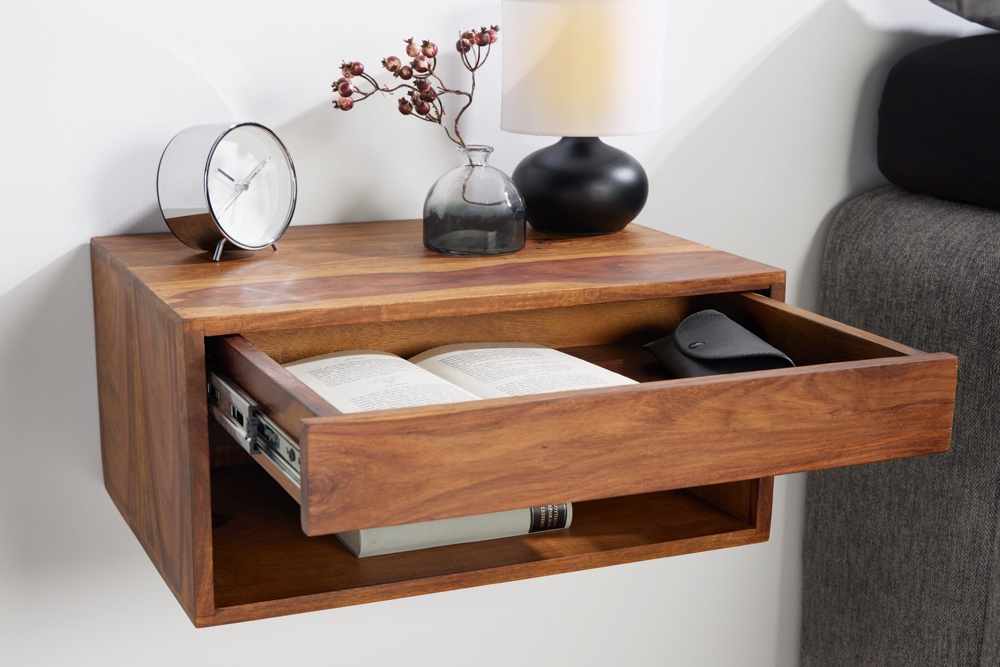 Hängender Nachttisch PURE 50cm braun Sheesham Massivholz stone finish Regal Schublade