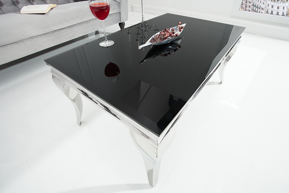 Eleganter Couchtisch MODERN BAROCK 100cm silber mit schwarzem Opalglas