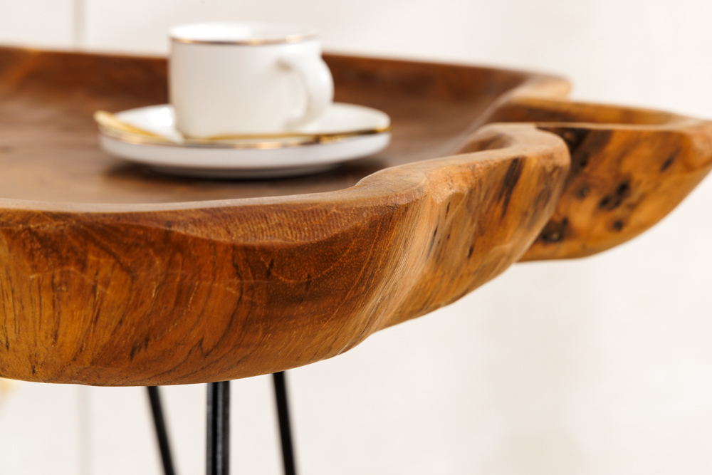 Einzigartiger Beistelltisch WILD 65cm natur Teakholz Hairpin Legs Couchtisch