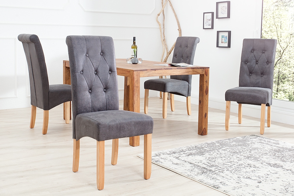 Edler Stuhl CASA vintage grau mit Zierknöpfen Massivholzbeine