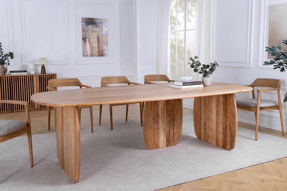 Design Esstisch SCULPTURA 240cm natur Akazie Massivholz mit skulpturalem Wangenfuß