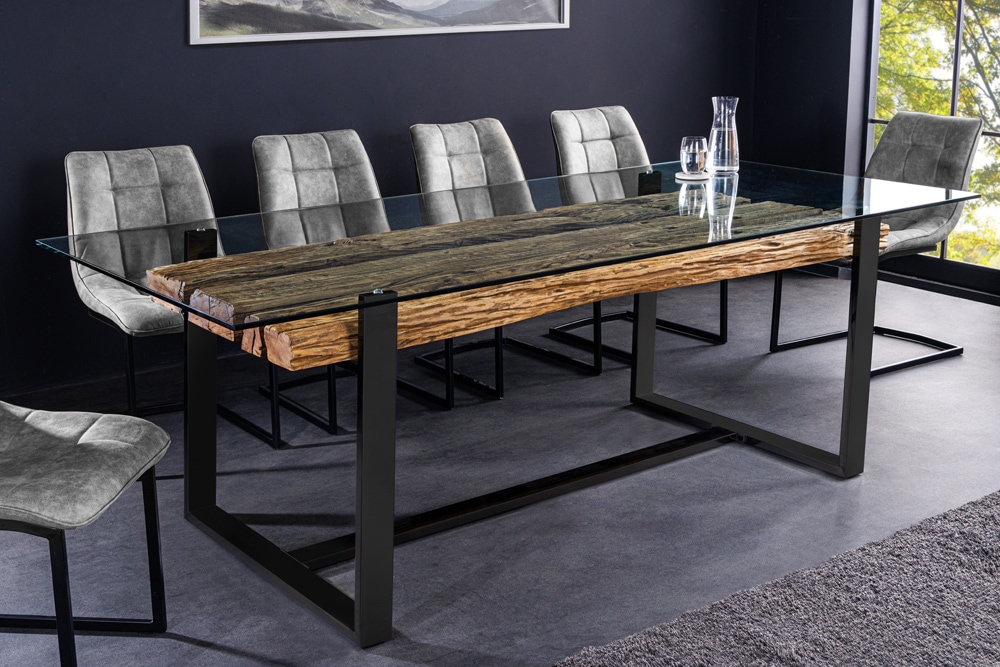 Design Glas Esstisch BARRACUDA 220cm natur Teak Massivholz schwarz Kufengestell
