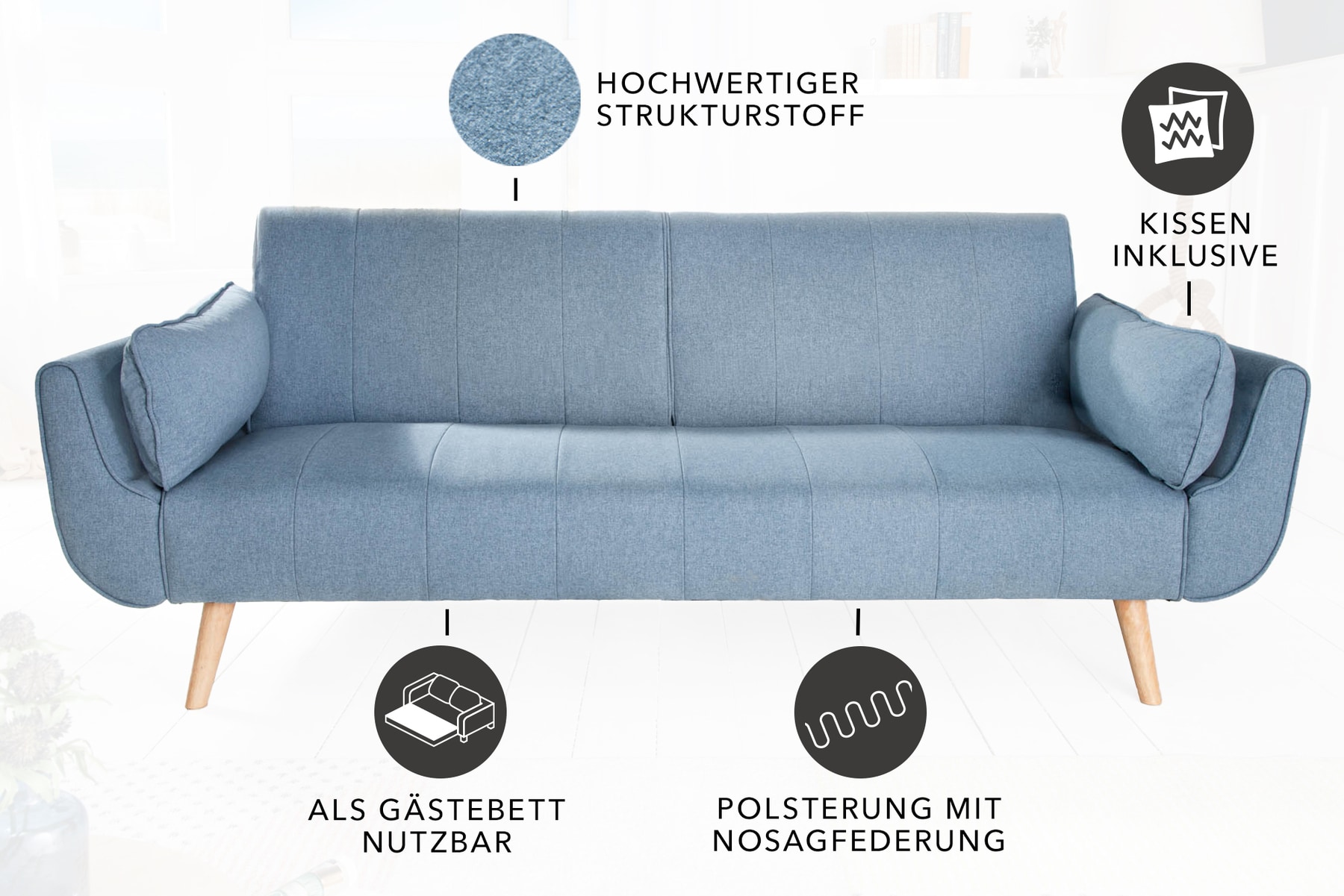 Design Schlafsofa DIVANI 220cm hellblau Strukturstoff Scandinavian 3-Sitzer mit Bettfunktion