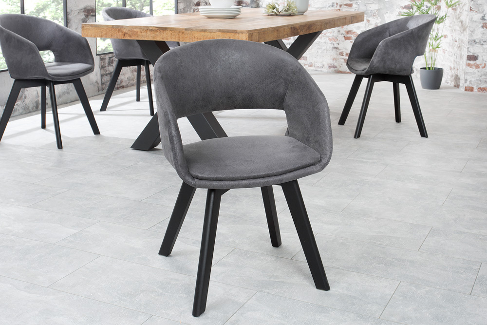 Design Stuhl NORDIC STAR antik grau Microfaser Massivholz schwarz mit Armlehne gepolstert
