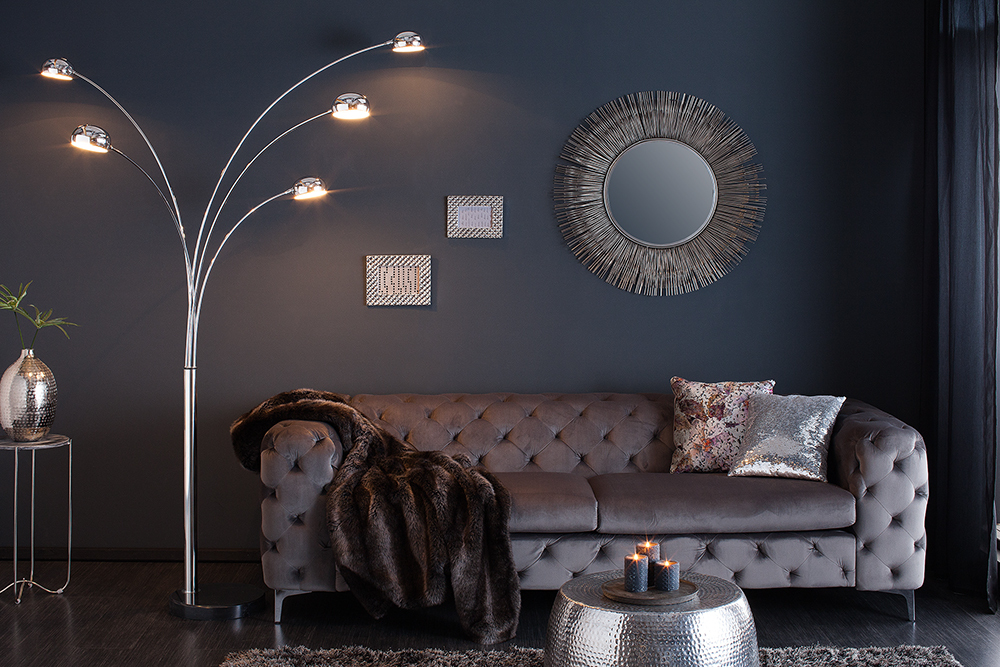 Design Bogenlampe FIVE LIGHTS 205cm chrom Stehlampe mit schwarzem Marmorfuß