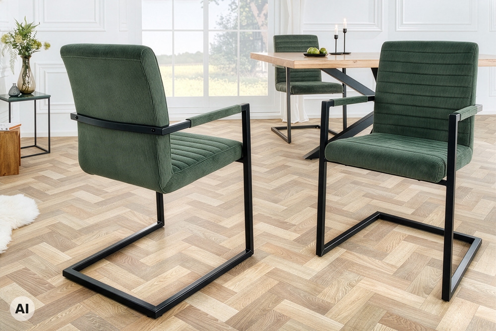 Industrial Freischwinger LOFT grün Cord schwarz Eisen mit Armlehne