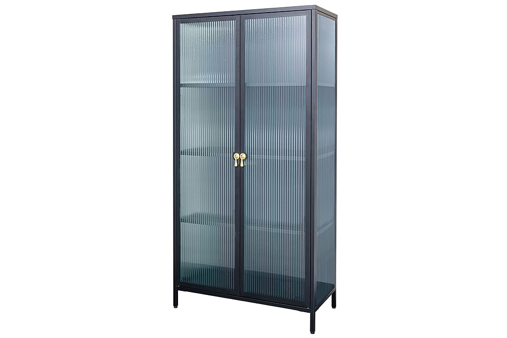Moderne Vitrine AMSTERDAM 160cm schwarz gold Riffelglas Metall Highboard Schrank
