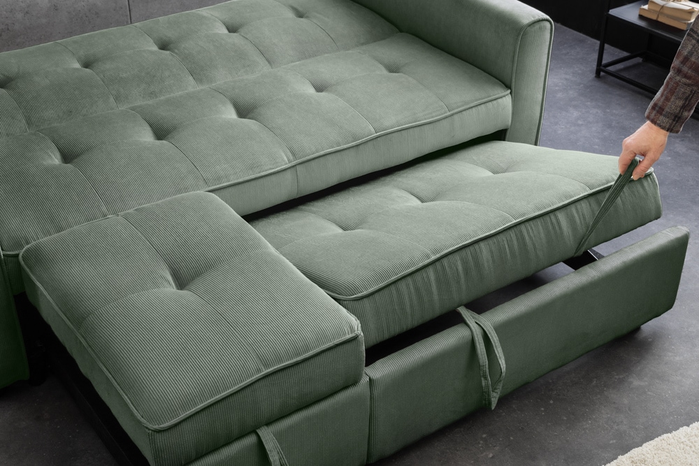Ausziehbares Schlafsofa SMART 180cm grün Cord 2-Sitzer Couch mit Nosagfederung