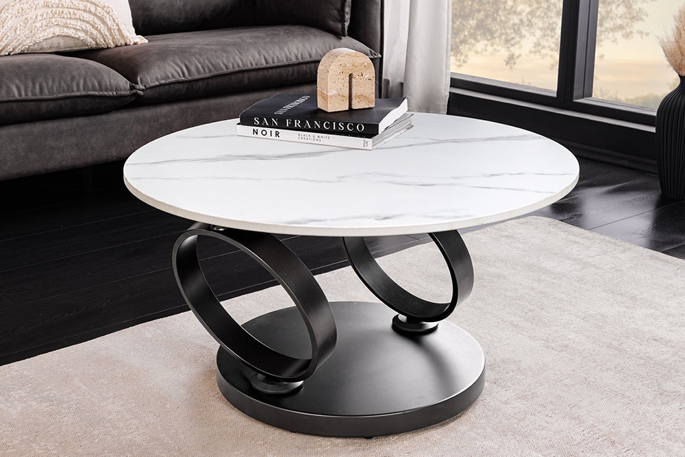 Design Couchtisch DANCING RINGS weiß rund drehbar Marmor Keramik schwarz Metall