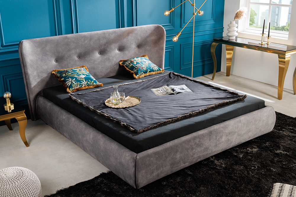 Retro Doppelbett FLORENZ 180x200cm grau Samt Polsterbett Kingsize Retro Doppelbett FLORENZ 180x200cm grau Samt Polsterbett Kingsize