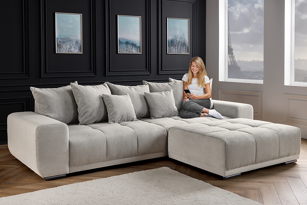 Modernes XXL Sofa ELEGANCIA 285cm champagner beige Cord inklusive Kissen Bigsofa