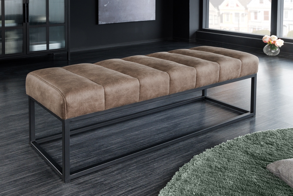 Design Sitzbank PETIT BEAUTÉ 110cm vintage taupe Microfaser schwarzes Metallgestell