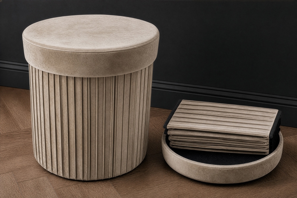 Runder Hocker ÉLAN 40cm champagner greige Samt faltbar mit Stauraum