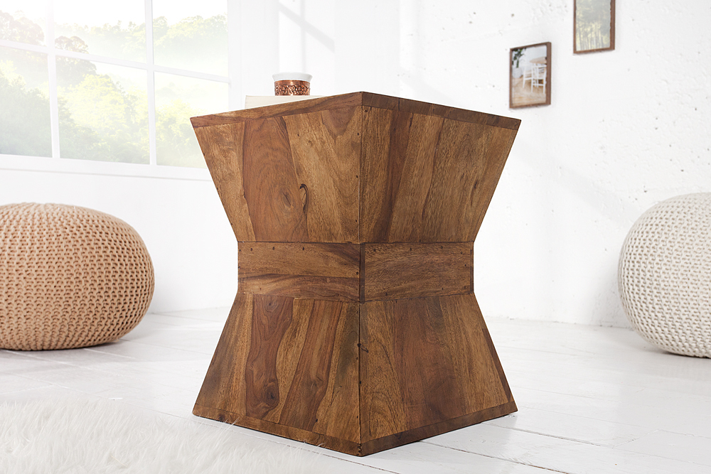 Massiver Beistelltisch PYRAMID 35cm braun Sheeshamholz stone finish Maserung Hocker