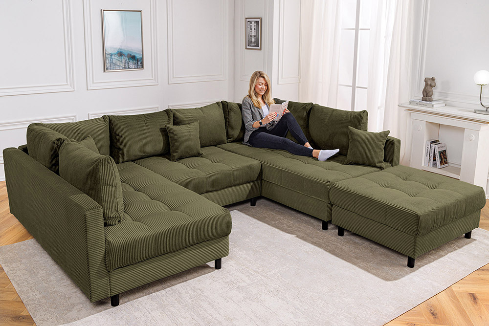 Moderne XXL Wohnlandschaft KENT 305cm grün Cord Bigsofa inkl. Hocker Federkern