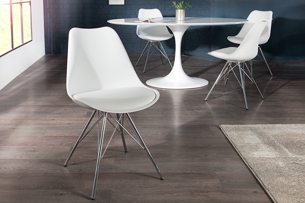 Retro Stuhl SCANDINAVIA MEISTERSTÜCK weiß mit verchromten Stuhlgestell Retro Stuhl SCANDINAVIA MEISTERSTÜCK weiß mit verchromten Stuhlgestell