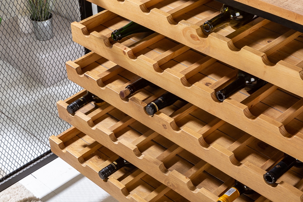 Industrial Weinschrank BODEGA 130cm recyceltes Pinienholz natur Weinregal für 55 Flaschen