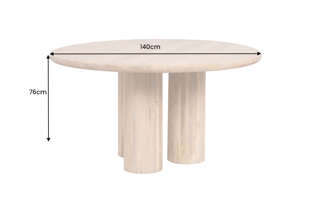 Runder Esstisch ART DECO 140cm natur Mangoholz massiv mit Säulenfüßen