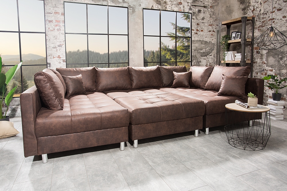 Moderne XXL Wohnlandschaft KENT 305cm antik braun Federkern Bigsofa inkl. Hocker