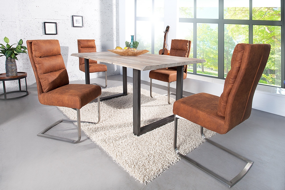 Design Freischwinger Stuhl COMFORT hellbraun mit Edelstahl-Gestell