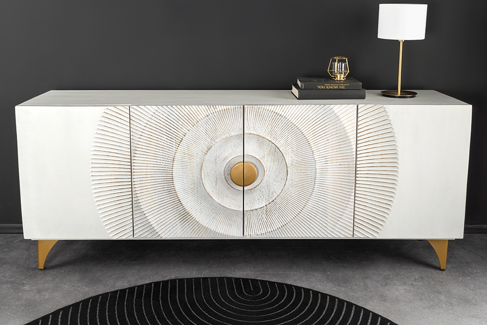 Handgearbeitetes Sideboard GOLDEN SUNSET 180cm weiß gold Mangoholz Metallbeine
