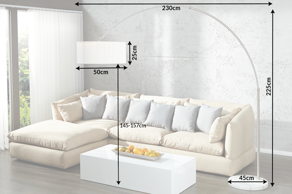 Design Bogenlampe EXTENSO 230cm weiß Stehlampe mit weißem Marmorfuß