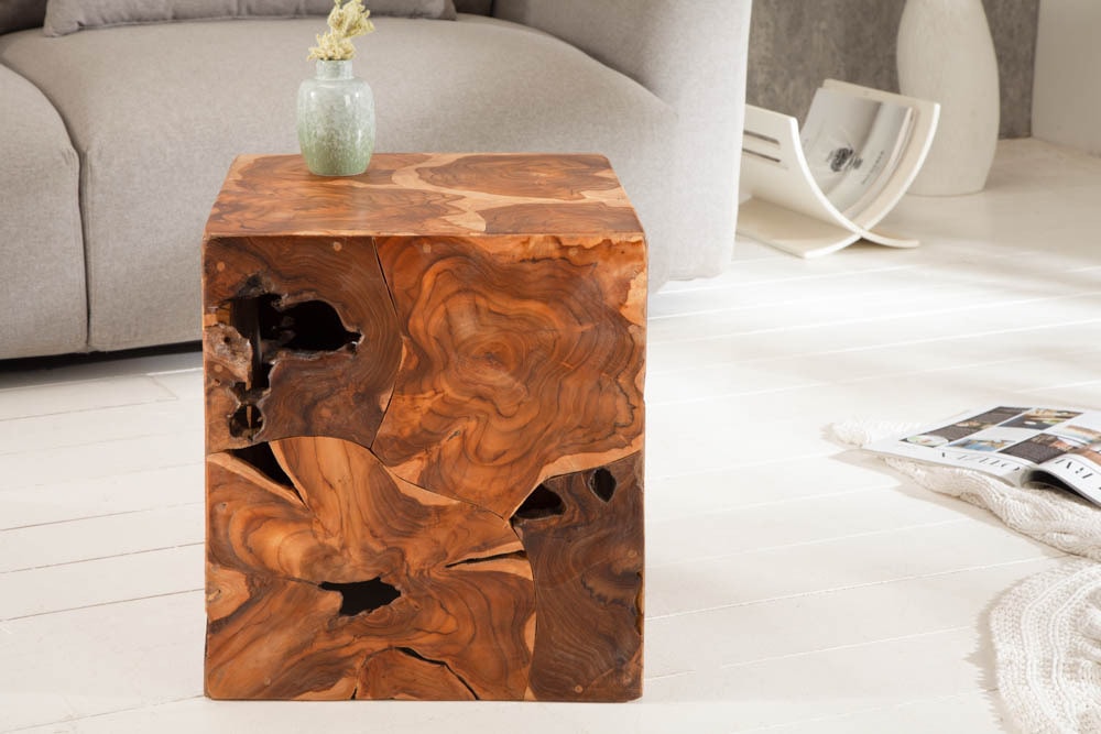 Massiver Beistelltisch SQUARE 40cm Teakholz Würfel Sitzhocker