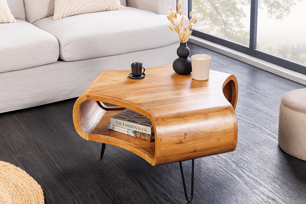 Retro Couchtisch ORGANIC LIVING 70cm braun Akazie Massivholz honey finish  Stauraum