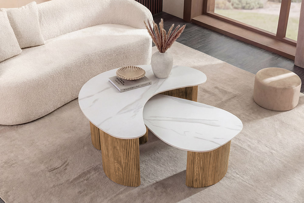 2er Set Couchtische OSAKA 120cm weiß Marmor Keramik natur Eiche