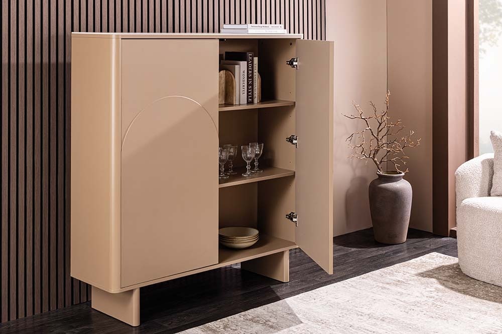 Design Highboard SAVOY 130cm grau beige greige Travertin Keramik Stauraum 3D-Front