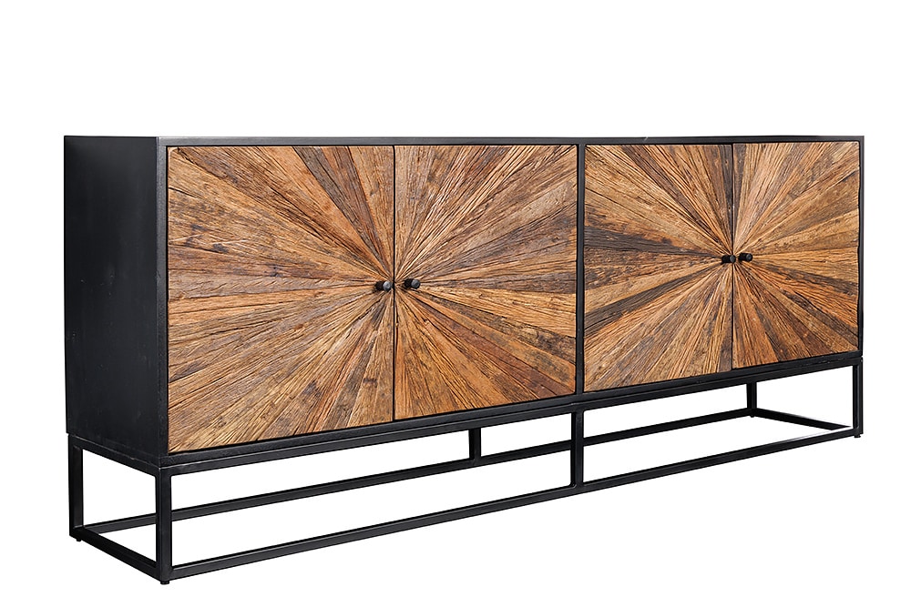 Massives Sideboard BARRACUDA 180cm braun Mangoholz mit Teakholz-Front schwarz Metall