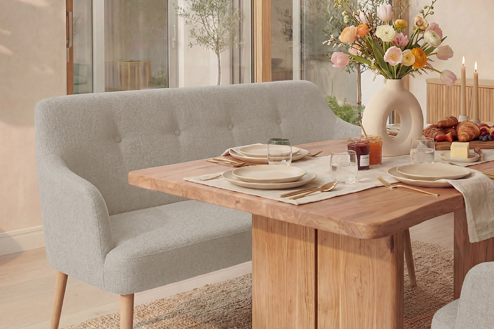 Nordische Sitzbank SCANDINAVIA MEISTERSTÜCK 115cm beige natur Massivholz mit Armlehne » Jetzt kaufen