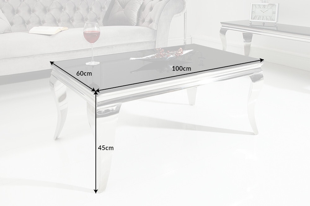 Eleganter Couchtisch MODERN BAROCK 100cm silber mit schwarzem Opalglas