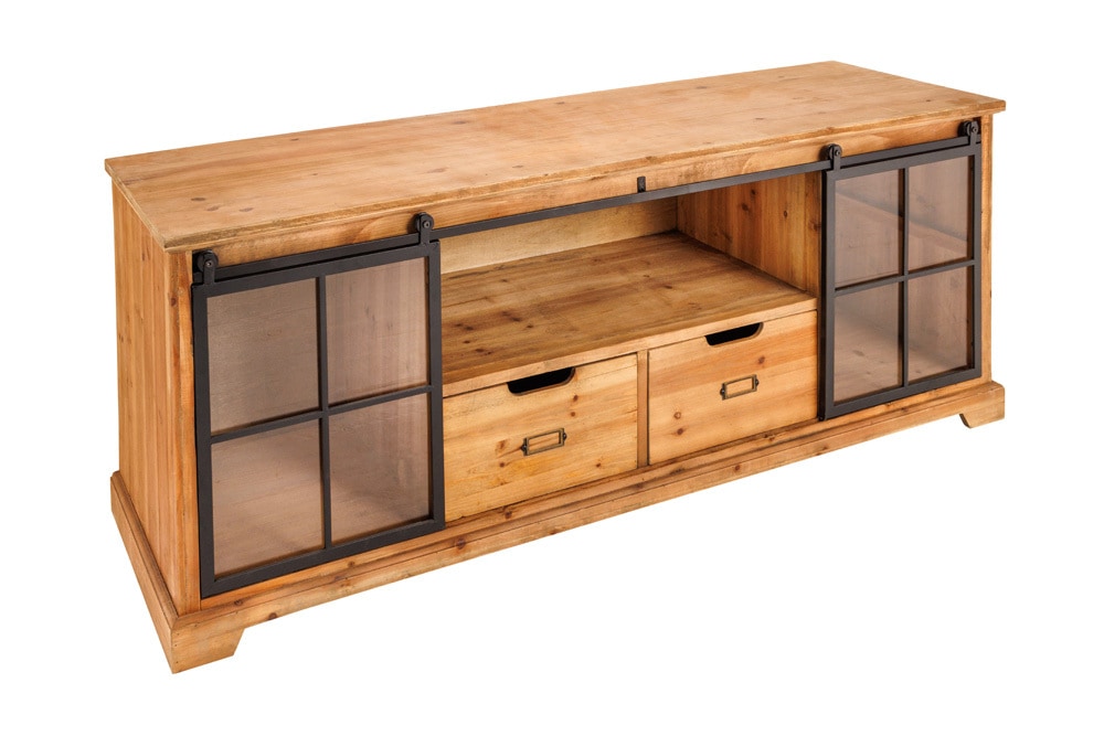 Massives Lowboard HERITAGE 160cm natur Pinie Industrial-Türen Metall Vitrine