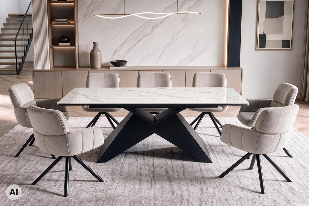 Design Esstisch DIAMOND 180-260cm matt weiß Keramik Metallgestell schwarz