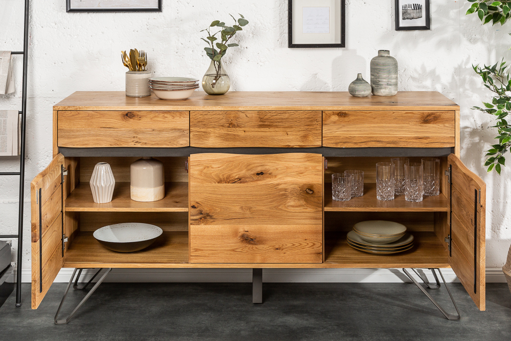 Massivholz Sideboard LIVING EDGE 160cm Wildeiche Metall schwarz Baumkante mit Schubladen