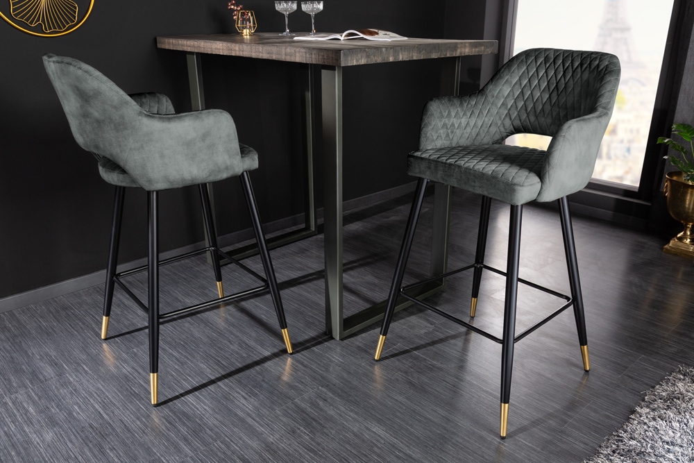 Design Barhocker PARIS grün Samt mit Lehne Metall schwarz gold Ziersteppung