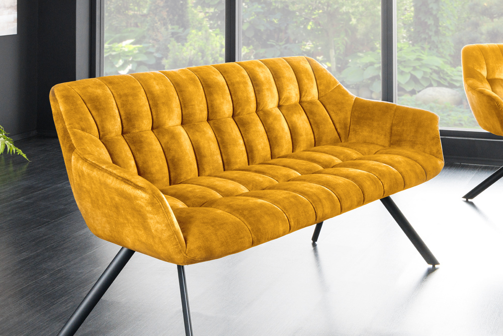 Esszimmer Sitzbank PAPILLON 165cm senfgelb Samt mit Lehnen schwarzes Metallgestell