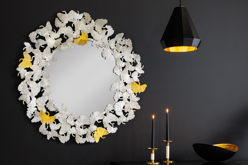 Dekorativer Wandspiegel GINKGO LEAFS XL 90cm gold silber rund aus Metall handmade