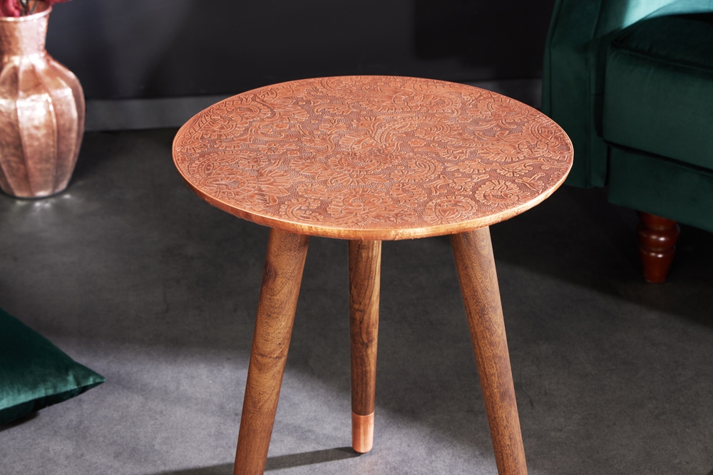 Design Beistelltisch ALCAZAR 50cm antik kupfer Metall Mangoholz Handarbeit rund
