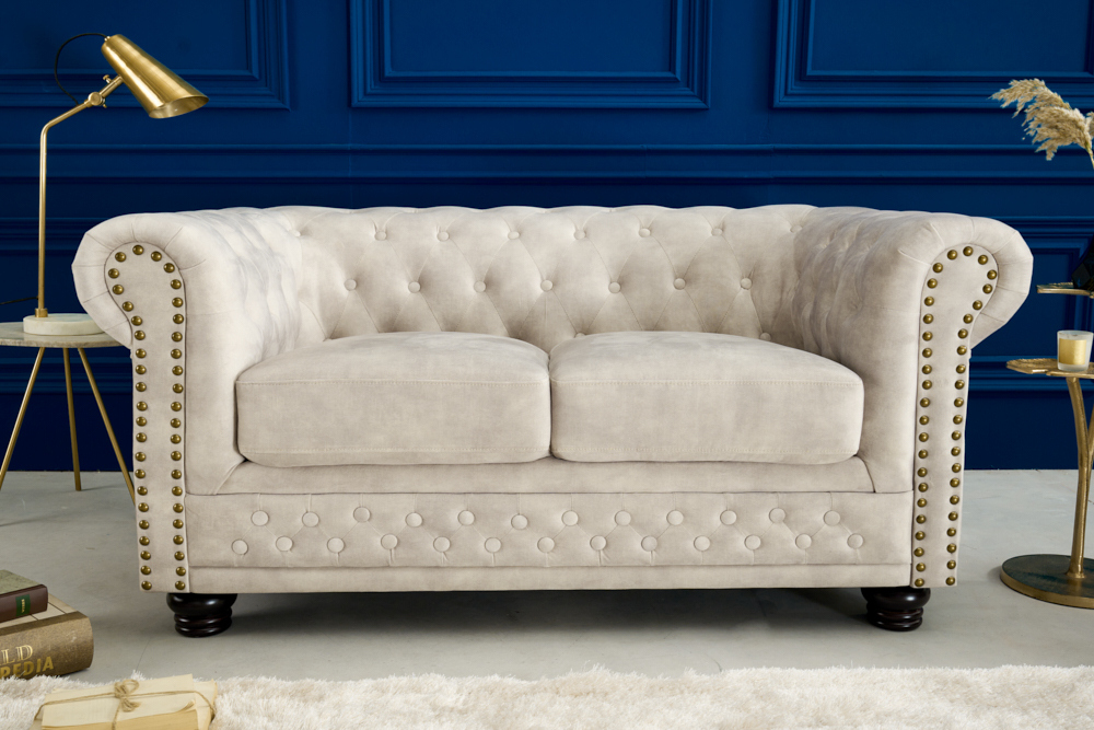 Chesterfield 2-Sitzer Sofa 150cm champagner beige Samt Federkern Knopfheftung