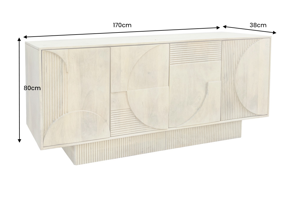 Massives Sideboard ART DECO 170cm weiß gekälkt Mangoholz 3D-Front handmade