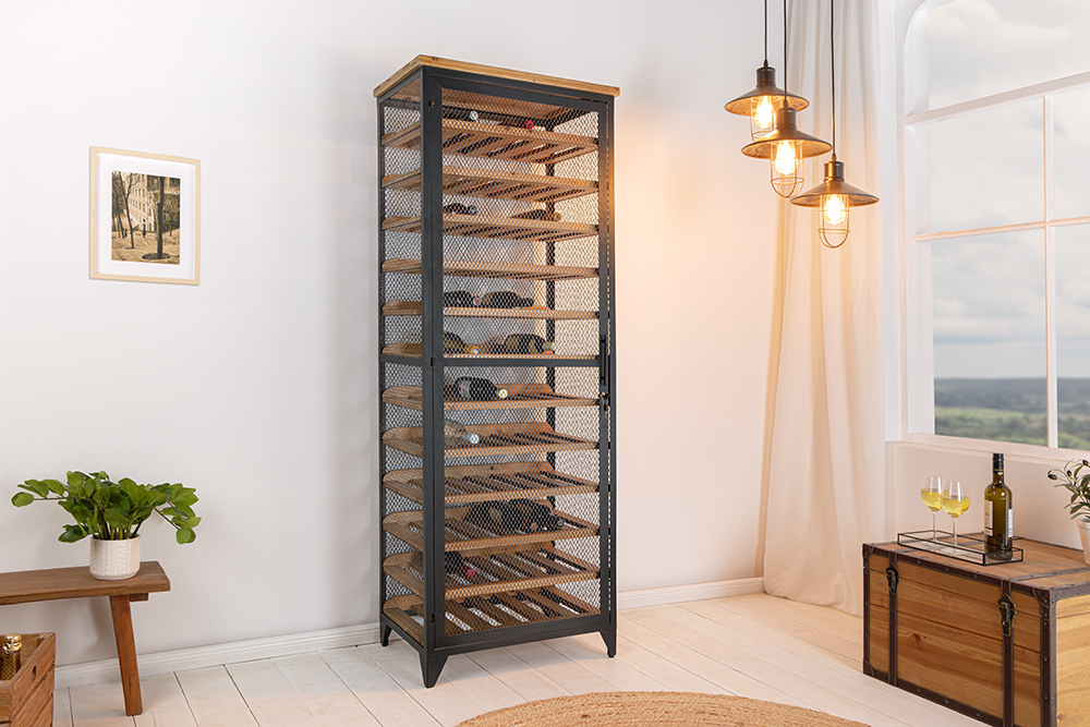Design Weinschrank BODEGA 185cm natur schwarz Tannenholz Metall Flaschenregal