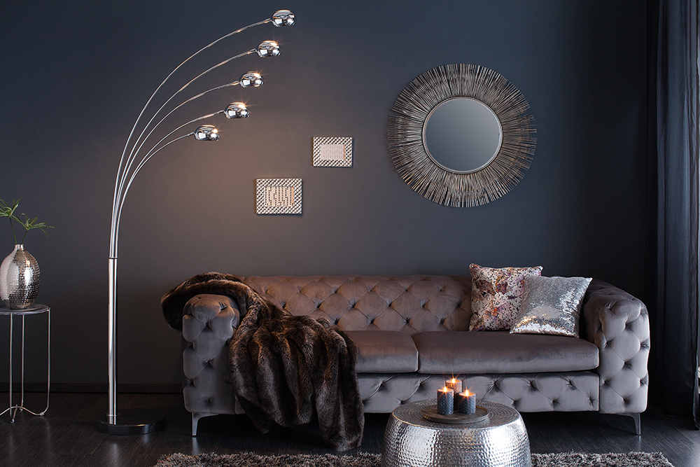 Design Bogenlampe FIVE LIGHTS 205cm chrom Stehlampe mit schwarzem Marmorfuß