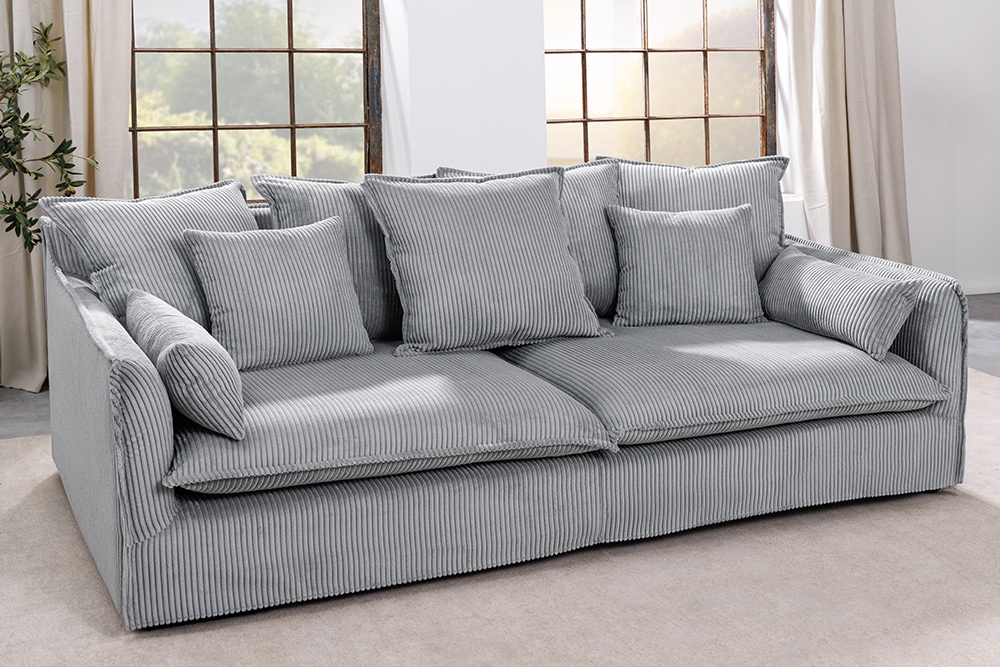 Großes 3-Sitzer Sofa HEAVEN 200cm hellgrau Cord Federkern Hussensofa abnehmbarer Bezug