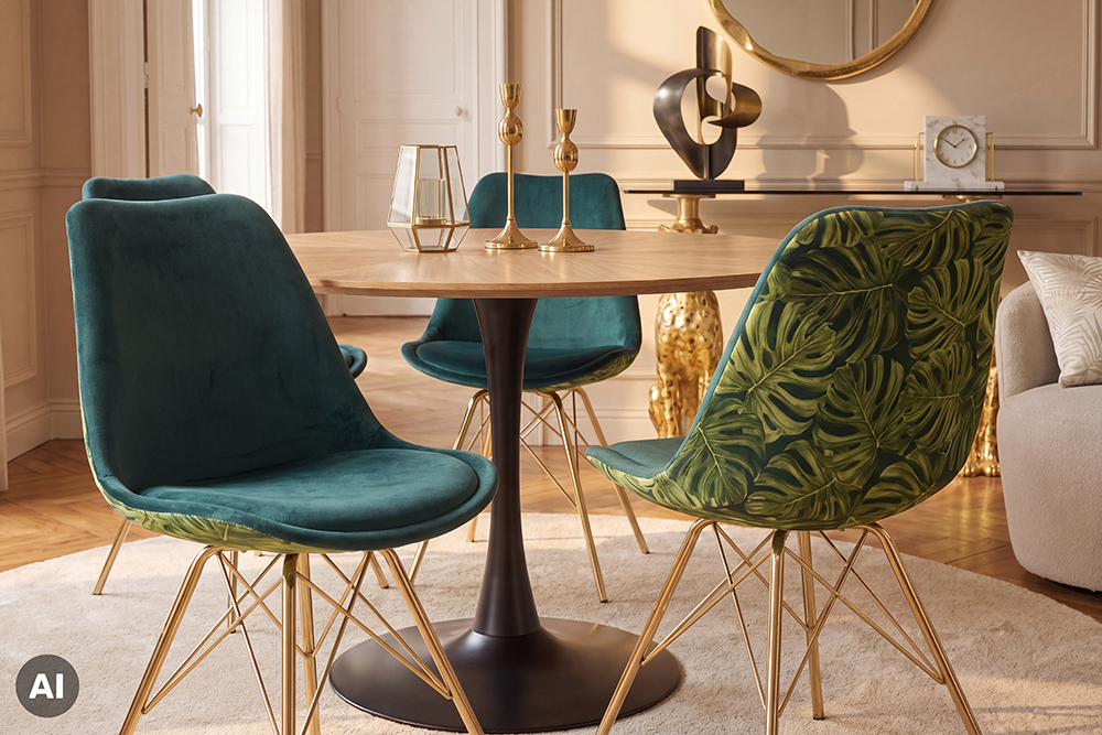 Design Stuhl SCANDINAVIA MEISTERSTÜCK grün Chenille gold Metall Monstera-Blatt