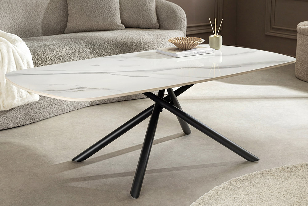 Design Couchtisch OSAKA 110cm weiß Keramik schwarz Sterngestell Metall
