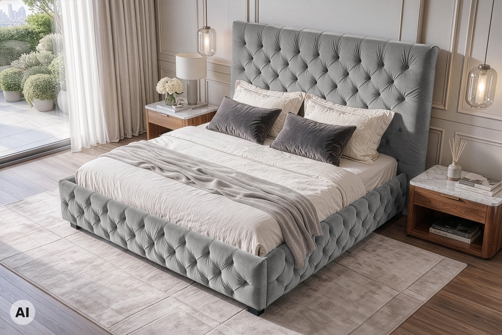 Design Doppelbett PARIS 180x200cm silber grau Samt Chesterfield