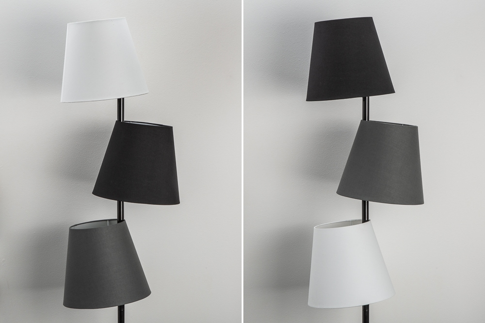 Design Stehlampe LEVELS 163cm schwarz grau mit 3 Leinenschirmen